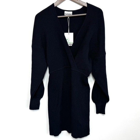 NWT GANNI Dress Dark Navy V-Neck Wrap-effect Ribbed-knit Mini Skirt Size M - Picture 9 of 13